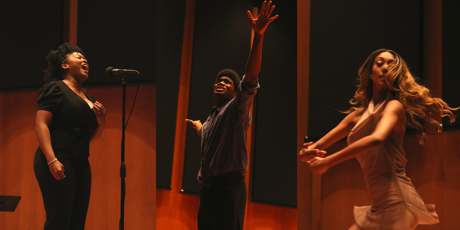 From left to right, there is a Black dancer with her arms rounded in front of her, her hair tossed behind her. She is wearing a neutral color outfit and pictured mid-move. Next to her is a Black male poet wearing a grey shirt and black pants, his arms reaching above his head. Next to him is a Black female singer waring concert black, singing passionately into the microphone.